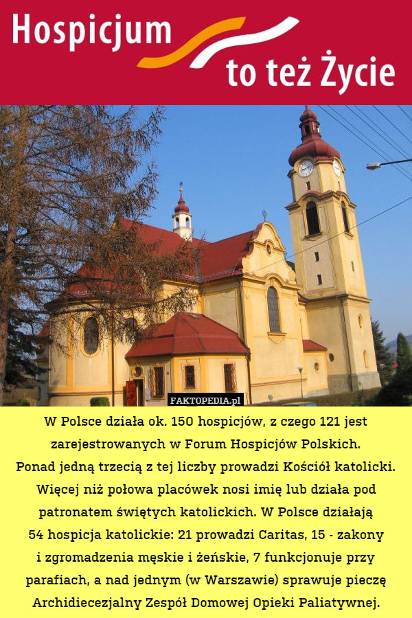 W Polsce działa ok. 150 hospicjów, z czego 121 jest zarejestrowanych w Forum Hospicjów Polskich.
Ponad jedną trzecią z tej liczby prowadzi Kościół katolicki. Więcej niż połowa placówek nosi imię lub działa pod patronatem świętych katolickich. W Polsce działają
54 hospicja katolickie: 21 prowadzi Caritas, 15 - zakony
i zgromadzenia męskie i żeńskie, 7 funkcjonuje przy parafiach, a nad jednym (w Warszawie) sprawuje pieczę Archidiecezjalny Zespół Domowej Opieki Paliatywnej. 