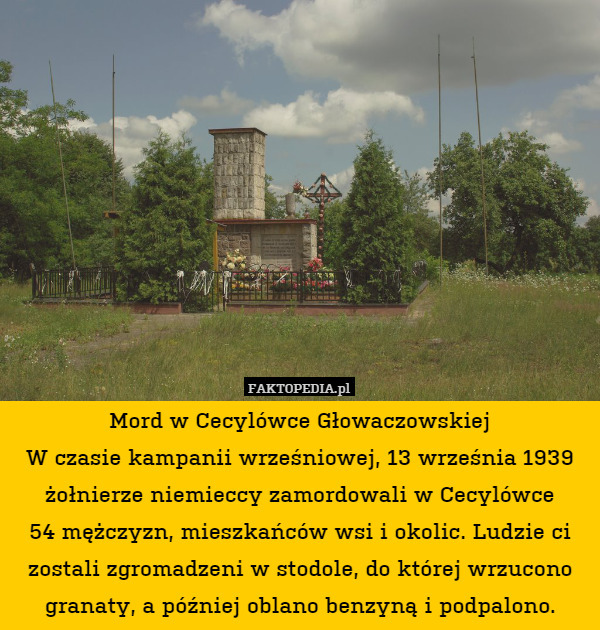 Mord w Cecylówce Głowaczowskiej
W czasie kampanii wrześniowej, 13 września 1939 żołnierze niemieccy zamordowali w Cecylówce
54 mężczyzn, mieszkańców wsi i okolic. Ludzie ci zostali zgromadzeni w stodole, do której wrzucono granaty, a później oblano benzyną i podpalono. 