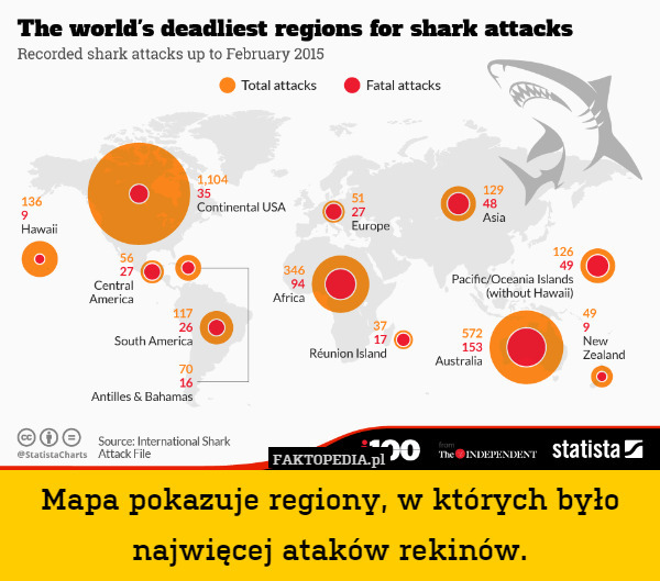 Mapa pokazuje regiony, w których było najwięcej ataków rekinów. 