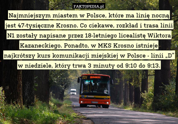 Najmniejszym miastem w Polsce, które ma linię nocną jest 47-tysięczne Krosno. Co ciekawe, rozkład i trasa linii N1 zostały napisane przez 18-letniego licealistę Wiktora Kazaneckiego. Ponadto, w MKS Krosno istnieje najkrótszy kurs komunikacji miejskiej w Polsce - linii „D” w niedziele, który trwa 3 minuty od 9:10 do 9:13. 