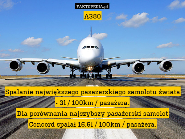 A380






Spalanie największego pasażerskiego samolotu świata - 3l / 100km / pasażera.
Dla porównania najszybszy pasażerski samolot Concord spalał 16.6l / 100km / pasażera. 