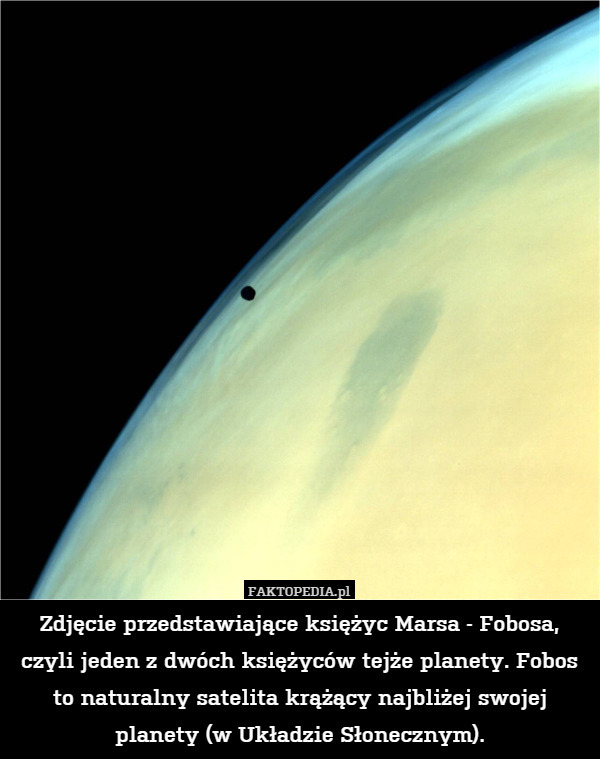 Zdjęcie przedstawiające księżyc Marsa - Fobosa, czyli jeden z dwóch księżyców tejże planety. Fobos to naturalny satelita krążący najbliżej swojej planety (w Układzie Słonecznym). 