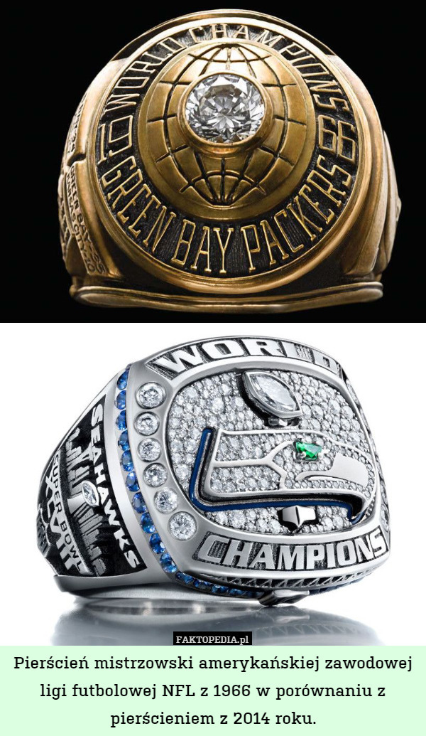 Pierścień mistrzowski amerykańskiej zawodowej ligi futbolowej NFL z 1966 w porównaniu z pierścieniem z 2014 roku. 