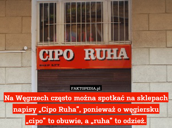 Na Węgrzech często można spotkać na sklepach napisy „Cipo Ruha”, ponieważ o węgiersku „cipo” to obuwie, a „ruha” to odzież. 