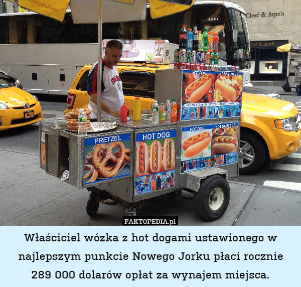 Właściciel wózka z hot dogami ustawionego w najlepszym punkcie Nowego Jorku płaci rocznie
289 000 dolarów opłat za wynajem miejsca. 