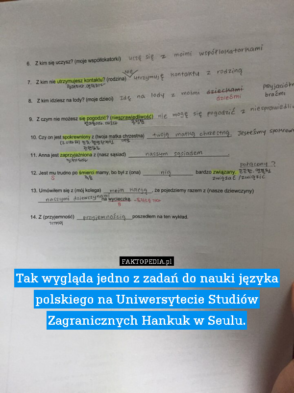 Tak wygląda jedno z zadań do nauki języka polskiego na Uniwersytecie Studiów Zagranicznych Hankuk w Seulu. 