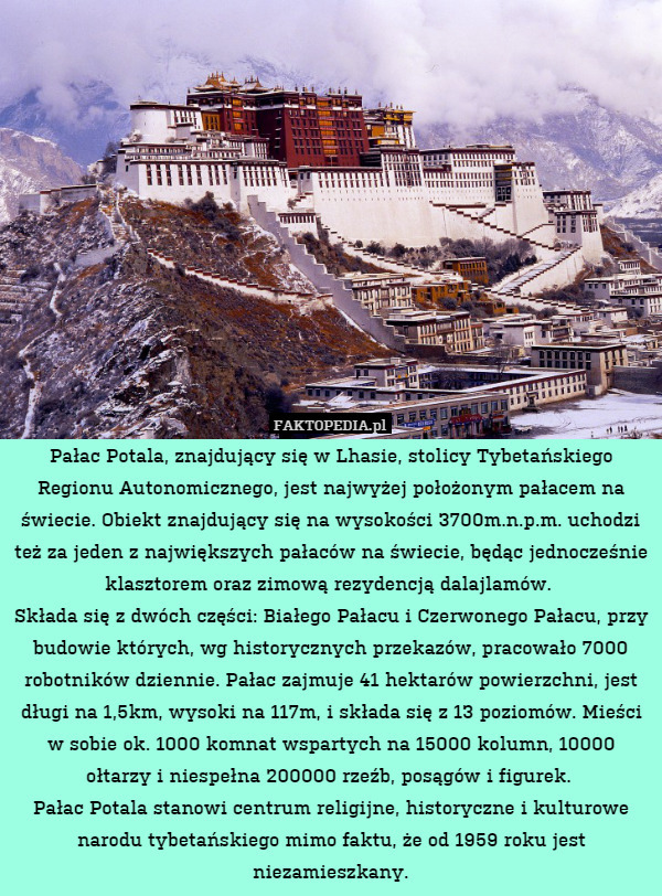 Pałac Potala, znajdujący się w Lhasie, stolicy Tybetańskiego Regionu Autonomicznego, jest najwyżej położonym pałacem na świecie. Obiekt znajdujący się na wysokości 3700m.n.p.m. uchodzi też za jeden z największych pałaców na świecie, będąc jednocześnie klasztorem oraz zimową rezydencją dalajlamów. 
Składa się z dwóch części: Białego Pałacu i Czerwonego Pałacu, przy budowie których, wg historycznych przekazów, pracowało 7000 robotników dziennie. Pałac zajmuje 41 hektarów powierzchni, jest długi na 1,5km, wysoki na 117m, i składa się z 13 poziomów. Mieści w sobie ok. 1000 komnat wspartych na 15000 kolumn, 10000 ołtarzy i niespełna 200000 rzeźb, posągów i figurek. 
Pałac Potala stanowi centrum religijne, historyczne i kulturowe narodu tybetańskiego mimo faktu, że od 1959 roku jest niezamieszkany. 
