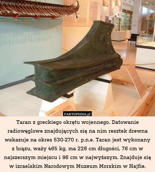 Taran z greckiego okrętu wojennego. Datowanie radiowęglowe znajdujących się na nim resztek drewna wskazuje na okres 530-270 r. p.n.e. Taran jest wykonany z brązu, waży 465 kg, ma 226 cm długości, 76 cm w najszerszym miejscu i 96 cm w najwyższym. Znajduje się w izraelskim Narodowym Muzeum Morskim w Hajfie. 