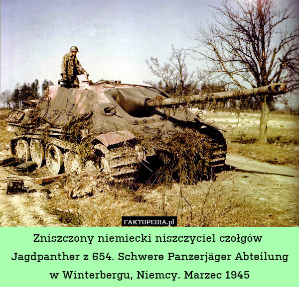 Zniszczony niemiecki niszczyciel czołgów  Jagdpanther z 654. Schwere Panzerjäger Abteilung w Winterbergu, Niemcy. Marzec 1945 