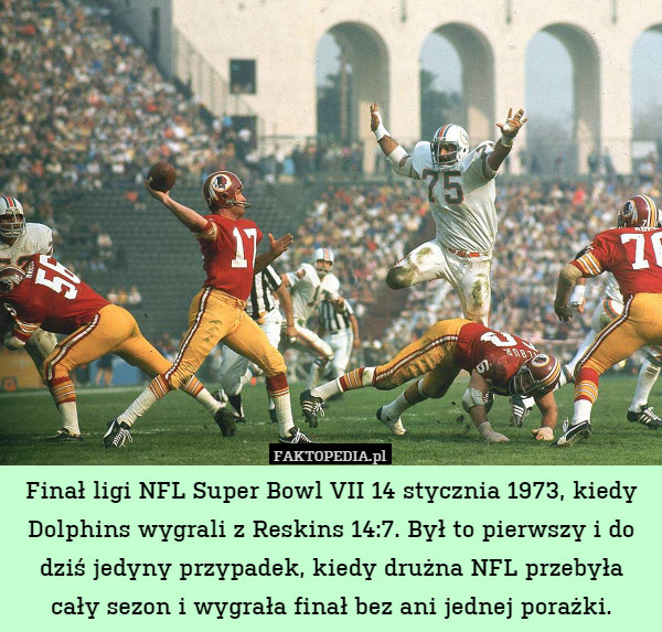 Finał ligi NFL Super Bowl VII 14 stycznia 1973, kiedy Dolphins wygrali z Reskins 14:7. Był to pierwszy i do dziś jedyny przypadek, kiedy drużna NFL przebyła cały sezon i wygrała finał bez ani jednej porażki. 
