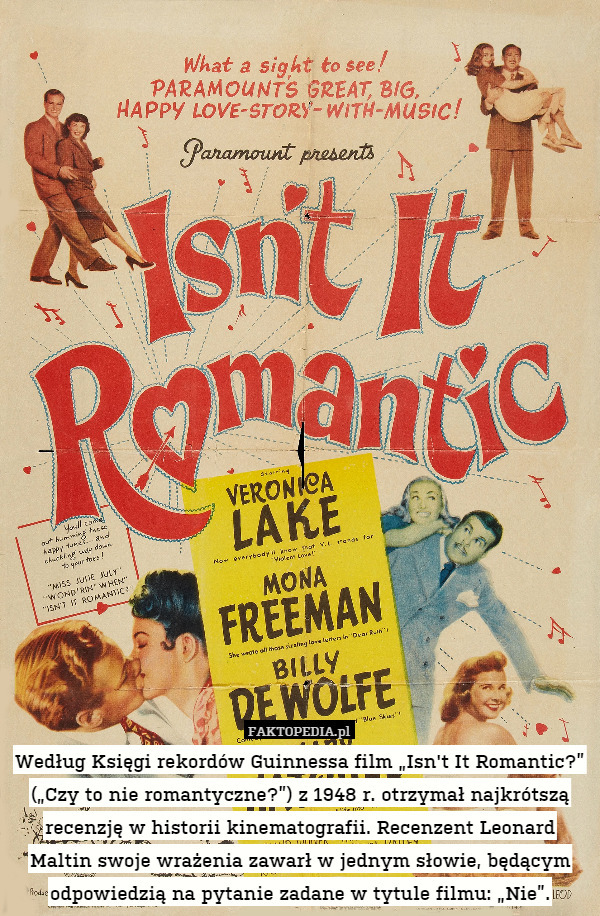 Według Księgi rekordów Guinnessa film „Isn't It Romantic?” („Czy to nie romantyczne?”) z 1948 r. otrzymał najkrótszą recenzję w historii kinematografii. Recenzent Leonard Maltin swoje wrażenia zawarł w jednym słowie, będącym odpowiedzią na pytanie zadane w tytule filmu: „Nie”. 