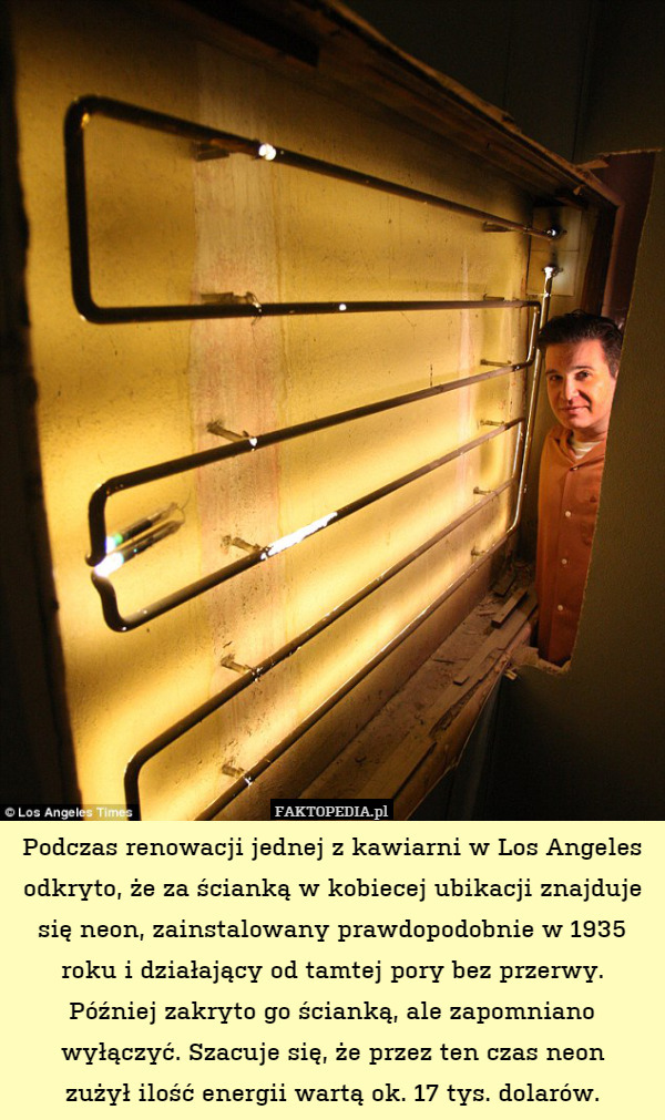 Podczas renowacji jednej z kawiarni w Los Angeles odkryto, że za ścianką w kobiecej ubikacji znajduje się neon, zainstalowany prawdopodobnie w 1935 roku i działający od tamtej pory bez przerwy. Później zakryto go ścianką, ale zapomniano wyłączyć. Szacuje się, że przez ten czas neon
zużył ilość energii wartą ok. 17 tys. dolarów. 
