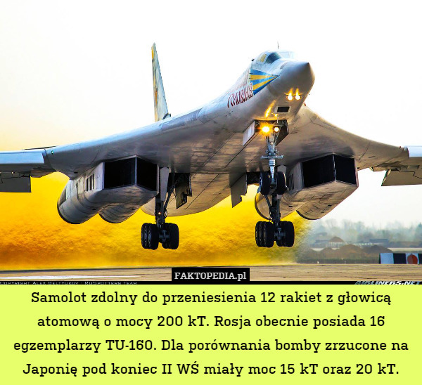 Samolot zdolny do przeniesienia 12 rakiet z głowicą atomową o mocy 200 kT. Rosja obecnie posiada 16 egzemplarzy TU-160. Dla porównania bomby zrzucone na Japonię pod koniec II WŚ miały moc 15 kT oraz 20 kT. 