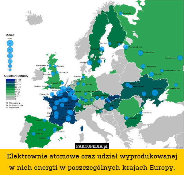 Elektrownie atomowe oraz udział wyprodukowanej w nich energii w poszczególnych krajach Europy. 