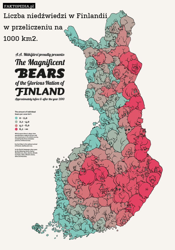 Liczba niedźwiedzi w Finlandii
w przeliczeniu na
1000 km2. 