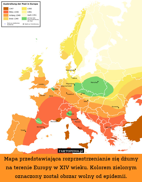 Mapa przedstawiająca rozprzestrzenianie się dżumy na terenie Europy w XIV wieku. Kolorem zielonym oznaczony został obszar wolny od epidemii. 