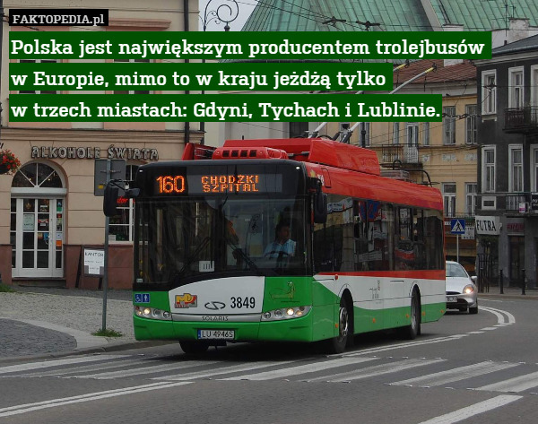 Polska jest największym producentem trolejbusów 
w Europie, mimo to w kraju jeżdżą tylko 
w trzech miastach: Gdyni, Tychach i Lublinie. 