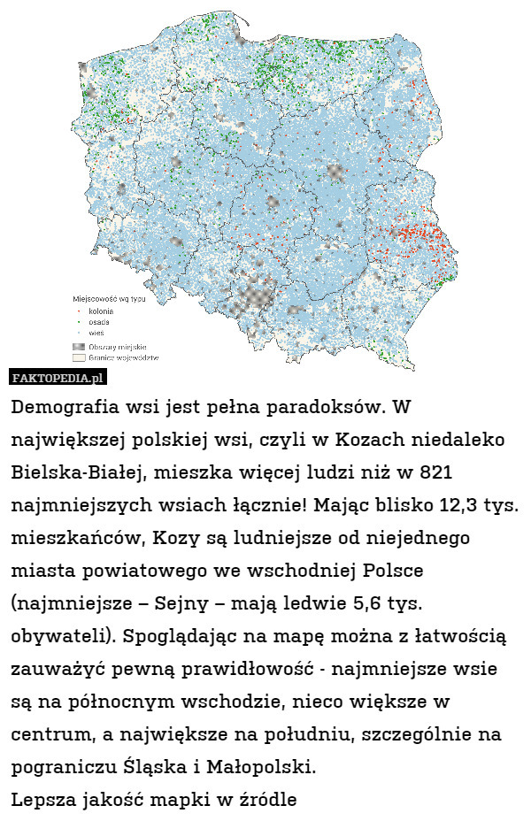 Demografia wsi jest pełna paradoksów. W największej polskiej wsi, czyli w Kozach niedaleko Bielska-Białej, mieszka więcej ludzi niż w 821 najmniejszych wsiach łącznie! Mając blisko 12,3 tys. mieszkańców, Kozy są ludniejsze od niejednego miasta powiatowego we wschodniej Polsce (najmniejsze – Sejny – mają ledwie 5,6 tys. obywateli). Spoglądając na mapę można z łatwością zauważyć pewną prawidłowość - najmniejsze wsie są na północnym wschodzie, nieco większe w centrum, a największe na południu, szczególnie na pograniczu Śląska i Małopolski.
Lepsza jakość mapki w źródle 