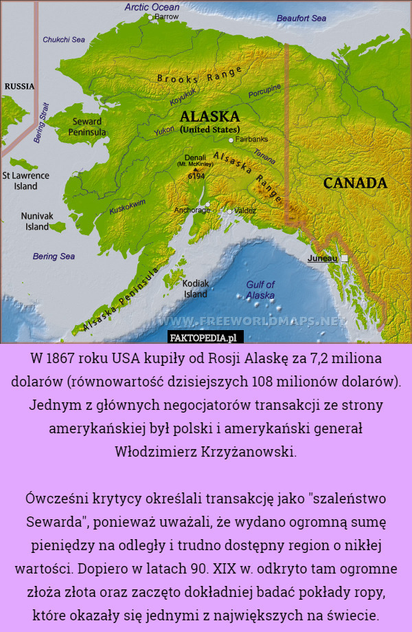 W 1867 roku USA kupiły od Rosji Alaskę za 7,2 miliona dolarów (równowartość dzisiejszych 108 milionów dolarów). Jednym z głównych negocjatorów transakcji ze strony amerykańskiej był polski i amerykański generał Włodzimierz Krzyżanowski.

Ówcześni krytycy określali transakcję jako "szaleństwo Sewarda", ponieważ uważali, że wydano ogromną sumę pieniędzy na odległy i trudno dostępny region o nikłej wartości. Dopiero w latach 90. XIX w. odkryto tam ogromne złoża złota oraz zaczęto dokładniej badać pokłady ropy, które okazały się jednymi z największych na świecie. 