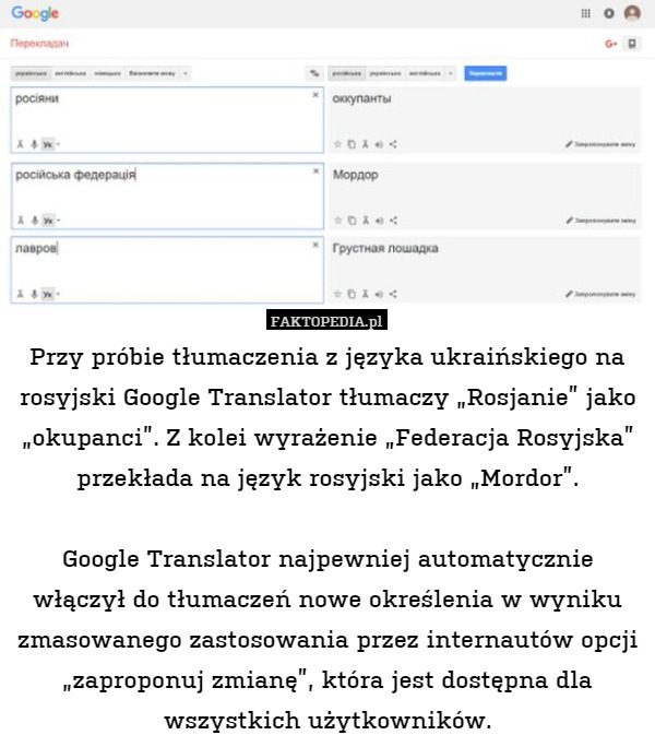 Przy próbie tłumaczenia z języka ukraińskiego na rosyjski Google Translator tłumaczy „Rosjanie” jako „okupanci”. Z kolei wyrażenie „Federacja Rosyjska” przekłada na język rosyjski jako „Mordor”.

Google Translator najpewniej automatycznie włączył do tłumaczeń nowe określenia w wyniku zmasowanego zastosowania przez internautów opcji „zaproponuj zmianę”, która jest dostępna dla wszystkich użytkowników. 