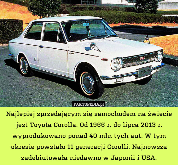 Najlepiej sprzedającym się samochodem na świecie jest Toyota Corolla. Od 1966 r. do lipca 2013 r. wyprodukowano ponad 40 mln tych aut. W tym okresie powstało 11 generacji Corolli. Najnowsza zadebiutowała niedawno w Japonii i USA. 