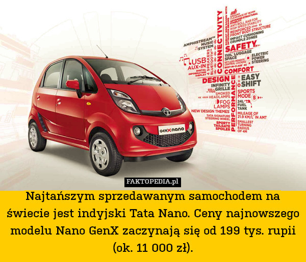 Najtańszym sprzedawanym samochodem na świecie jest indyjski Tata Nano. Ceny najnowszego modelu Nano GenX zaczynają się od 199 tys. rupii (ok. 11 000 zł). 