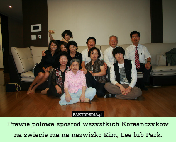 Prawie połowa spośród wszystkich Koreańczyków na świecie ma na nazwisko Kim, Lee lub Park. 