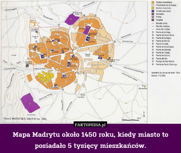 Mapa Madrytu około 1450 roku, kiedy miasto to posiadało 5 tysięcy mieszkańców. 