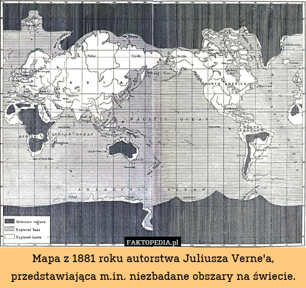 Mapa z 1881 roku autorstwa Juliusza Verne'a, przedstawiająca m.in. niezbadane obszary na świecie. 