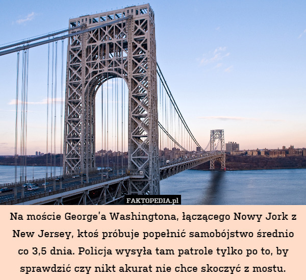 Na moście George’a Washingtona, łączącego Nowy Jork z New Jersey, ktoś próbuje popełnić samobójstwo średnio co 3,5 dnia. Policja wysyła tam patrole tylko po to, by sprawdzić czy nikt akurat nie chce skoczyć z mostu. 