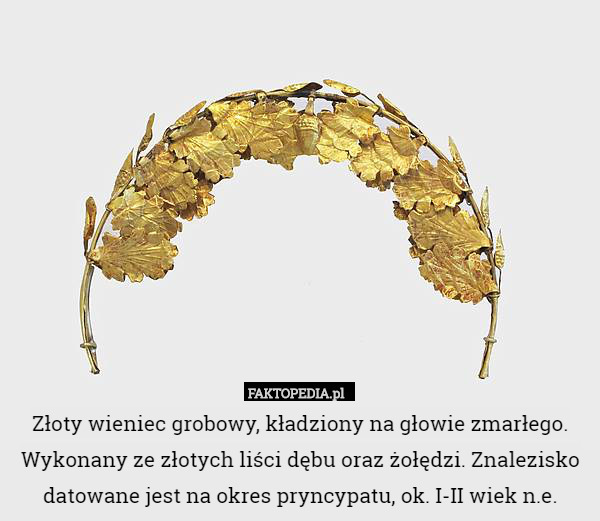Złoty wieniec grobowy, kładziony na głowie zmarłego. Wykonany ze złotych liści dębu oraz żołędzi. Znalezisko datowane jest na okres pryncypatu, ok. I-II wiek n.e. 