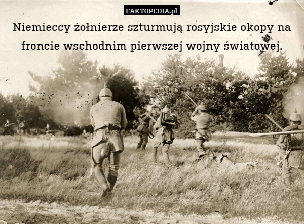 Niemieccy żołnierze szturmują rosyjskie okopy na froncie wschodnim pierwszej wojny światowej. 