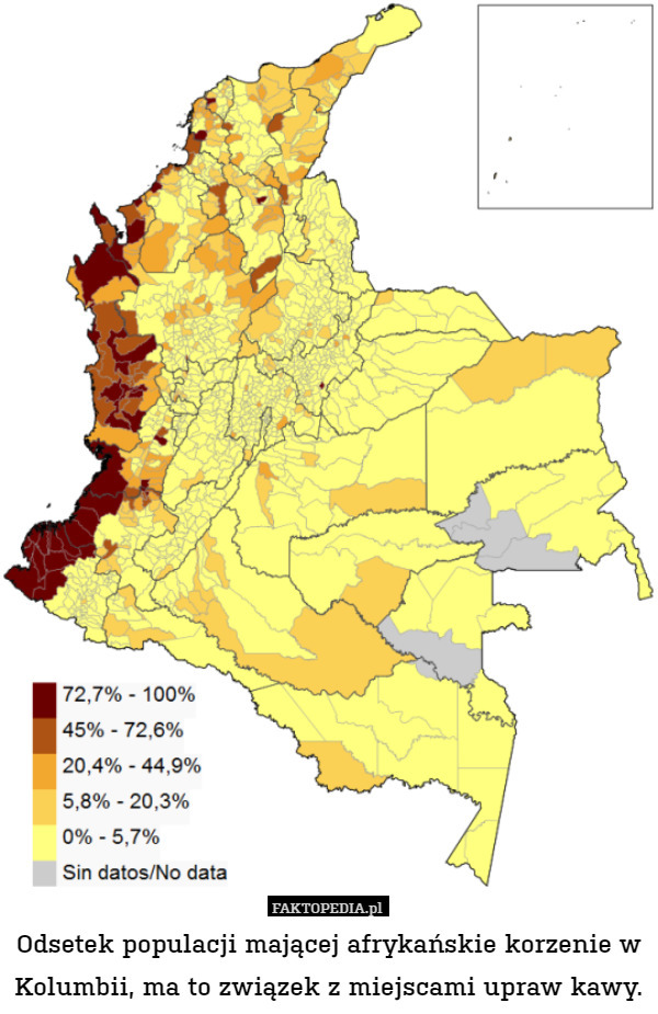 Odsetek populacji mającej afrykańskie korzenie w Kolumbii, ma to związek z miejscami upraw kawy. 