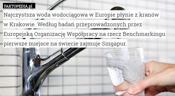 Najczystsza woda wodociągowa w Europie płynie z kranów
 w Krakowie. Według badań przeprowadzonych przez Europejską Organizację Współpracy na rzecz Benchmarkingu pierwsze miejsce na świecie zajmuje Singapur. 