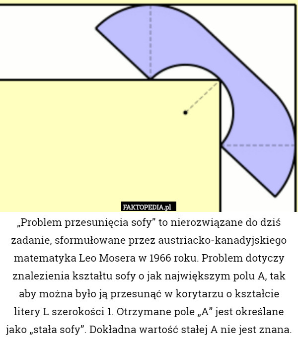 „Problem przesunięcia sofy” to nierozwiązane do dziś zadanie, sformułowane przez austriacko-kanadyjskiego matematyka Leo Mosera w 1966 roku. Problem dotyczy znalezienia kształtu sofy o jak największym polu A, tak aby można było ją przesunąć w korytarzu o kształcie litery L szerokości 1. Otrzymane pole „A” jest określane jako „stała sofy”. Dokładna wartość stałej A nie jest znana. 