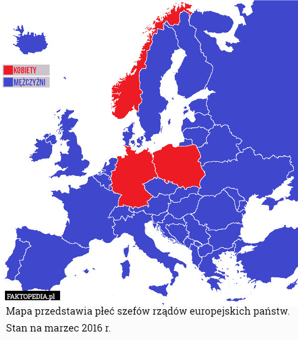Mapa przedstawia płeć szefów rządów europejskich państw. Stan na marzec 2016 r. 
