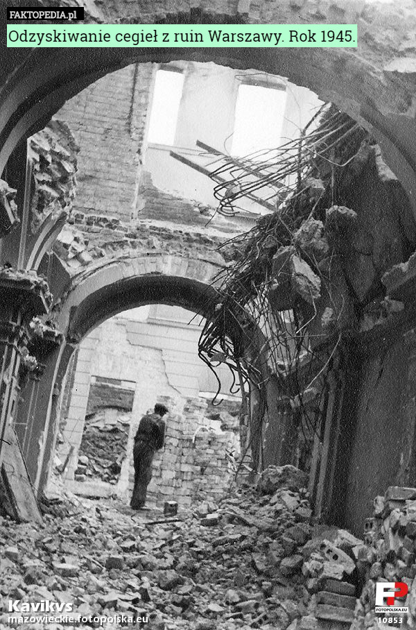 Odzyskiwanie cegieł z ruin Warszawy. Rok 1945. 