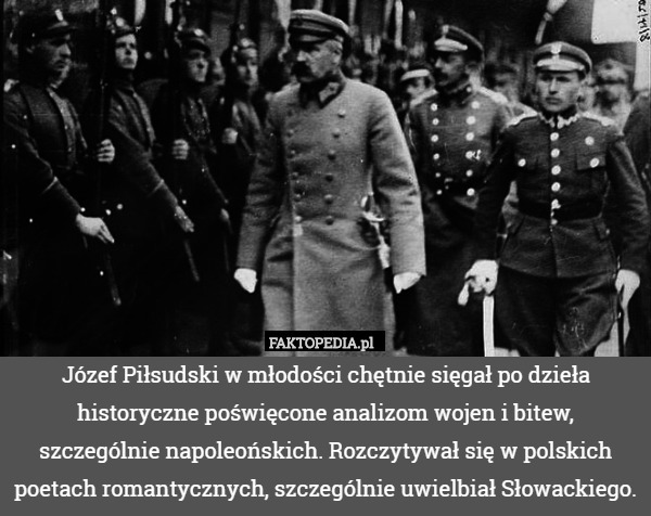 Józef Piłsudski w młodości chętnie sięgał po dzieła historyczne poświęcone analizom wojen i bitew,
 szczególnie napoleońskich. Rozczytywał się w polskich poetach romantycznych, szczególnie uwielbiał Słowackiego. 