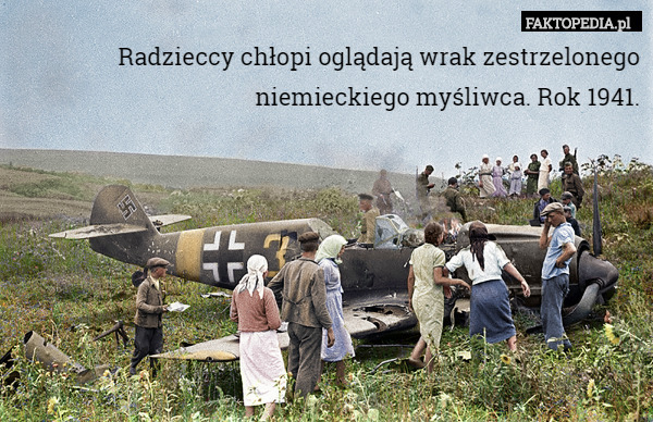 Radzieccy chłopi oglądają wrak zestrzelonego niemieckiego myśliwca. Rok 1941. 