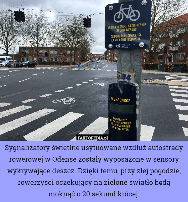 Sygnalizatory świetlne usytuowane wzdłuż autostrady rowerowej w Odense zostały wyposażone w sensory wykrywające deszcz. Dzięki temu, przy złej pogodzie, rowerzyści oczekujący na zielone światło będą moknąć o 20 sekund krócej. 