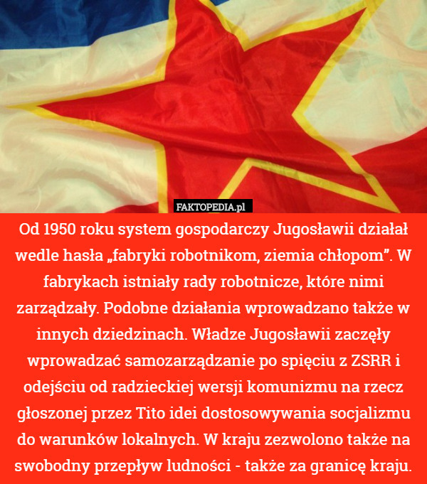 Od 1950 roku system gospodarczy Jugosławii działał wedle hasła „fabryki robotnikom, ziemia chłopom”. W fabrykach istniały rady robotnicze, które nimi zarządzały. Podobne działania wprowadzano także w innych dziedzinach. Władze Jugosławii zaczęły wprowadzać samozarządzanie po spięciu z ZSRR i odejściu od radzieckiej wersji komunizmu na rzecz głoszonej przez Tito idei dostosowywania socjalizmu do warunków lokalnych. W kraju zezwolono także na swobodny przepływ ludności - także za granicę kraju. 