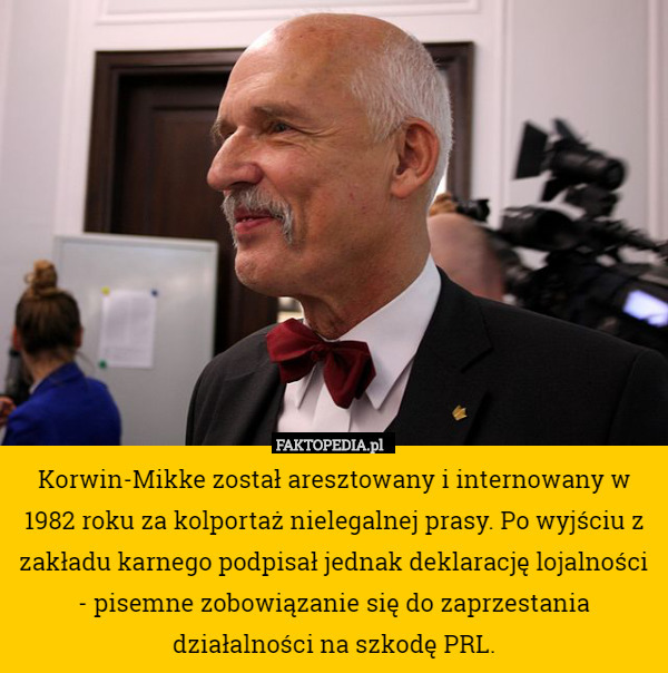 Korwin-Mikke został aresztowany i internowany w 1982 roku za kolportaż nielegalnej prasy. Po wyjściu z zakładu karnego podpisał jednak deklarację lojalności - pisemne zobowiązanie się do zaprzestania działalności na szkodę PRL. 