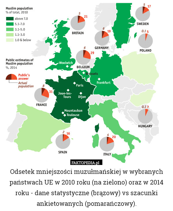 Odsetek mniejszości muzułmańskiej w wybranych państwach UE w 2010 roku (na zielono) oraz w 2014 roku - dane statystyczne (brązowy) vs szacunki ankietowanych (pomarańczowy). 