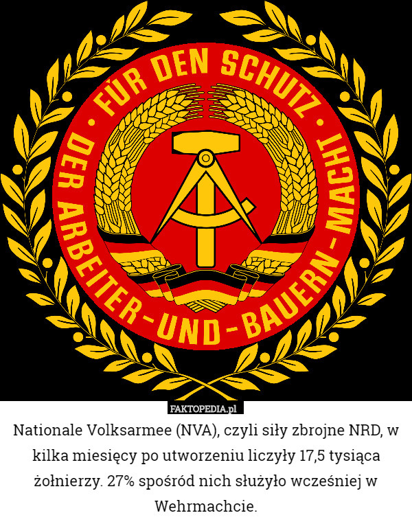 Nationale Volksarmee (NVA), czyli siły zbrojne NRD, w kilka miesięcy po utworzeniu liczyły 17,5 tysiąca żołnierzy. 27% spośród nich służyło wcześniej w Wehrmachcie. 