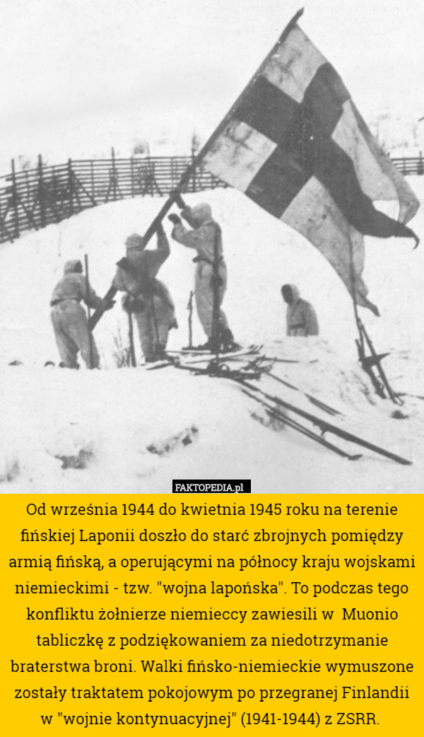 Od września 1944 do kwietnia 1945 roku na terenie fińskiej Laponii doszło do starć zbrojnych pomiędzy armią fińską, a operującymi na północy kraju wojskami niemieckimi - tzw. "wojna lapońska". To podczas tego konfliktu żołnierze niemieccy zawiesili w  Muonio tabliczkę z podziękowaniem za niedotrzymanie braterstwa broni. Walki fińsko-niemieckie wymuszone zostały traktatem pokojowym po przegranej Finlandii w "wojnie kontynuacyjnej" (1941-1944) z ZSRR. 