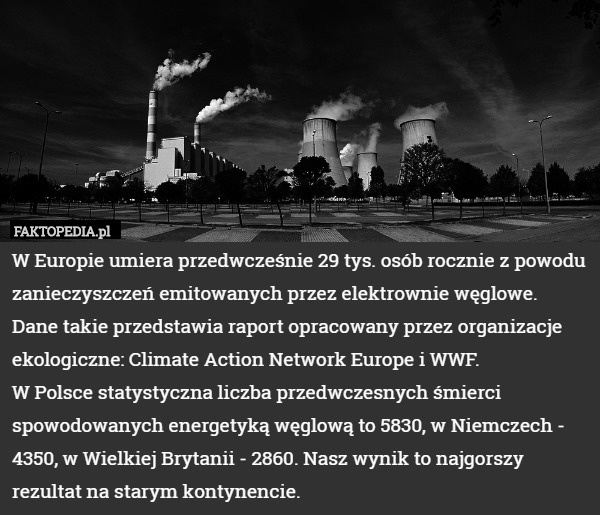 W Europie umiera przedwcześnie 29 tys. osób rocznie z powodu zanieczyszczeń emitowanych przez elektrownie węglowe. Dane takie przedstawia raport opracowany przez organizacje ekologiczne: Climate Action Network Europe i WWF. 
W Polsce statystyczna liczba przedwczesnych śmierci spowodowanych energetyką węglową to 5830, w Niemczech - 4350, w Wielkiej Brytanii - 2860. Nasz wynik to najgorszy rezultat na starym kontynencie. 