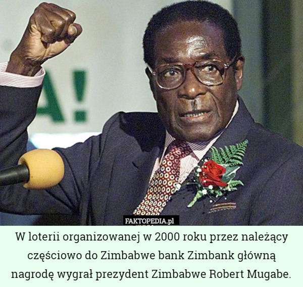 W loterii organizowanej w 2000 roku przez należący częściowo do Zimbabwe bank Zimbank główną nagrodę wygrał prezydent Zimbabwe Robert Mugabe. 