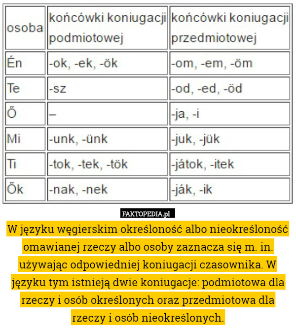 W języku węgierskim określoność albo nieokreśloność omawianej rzeczy albo osoby zaznacza się m. in. używając odpowiedniej koniugacji czasownika. W języku tym istnieją dwie koniugacje: podmiotowa dla rzeczy i osób określonych oraz przedmiotowa dla rzeczy i osób nieokreślonych. 