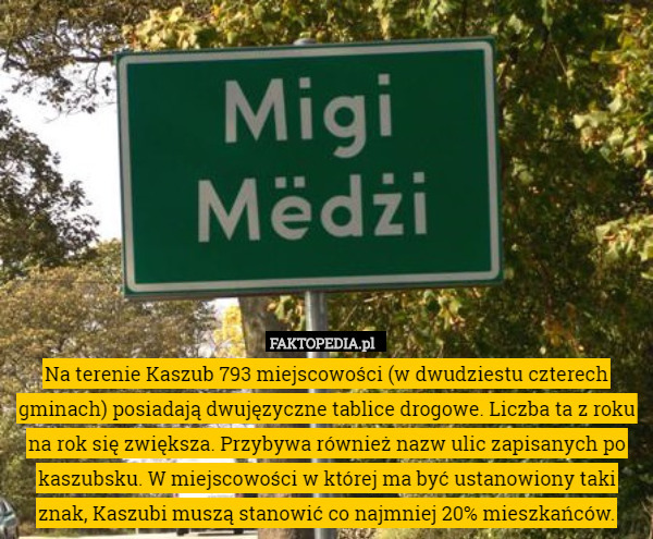 Na terenie Kaszub 793 miejscowości (w dwudziestu czterech gminach) posiadają dwujęzyczne tablice drogowe. Liczba ta z roku na rok się zwiększa. Przybywa również nazw ulic zapisanych po kaszubsku. W miejscowości w której ma być ustanowiony taki znak, Kaszubi muszą stanowić co najmniej 20% mieszkańców. 