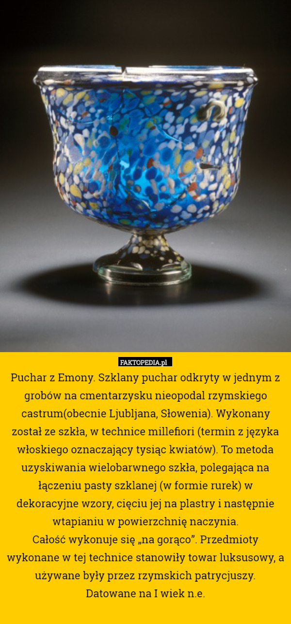 Puchar z Emony. Szklany puchar odkryty w jednym z grobów na cmentarzysku nieopodal rzymskiego castrum(obecnie Ljubljana, Słowenia). Wykonany został ze szkła, w technice millefiori (termin z języka włoskiego oznaczający tysiąc kwiatów). To metoda uzyskiwania wielobarwnego szkła, polegająca na łączeniu pasty szklanej (w formie rurek) w dekoracyjne wzory, cięciu jej na plastry i następnie wtapianiu w powierzchnię naczynia.
Całość wykonuje się „na gorąco”. Przedmioty wykonane w tej technice stanowiły towar luksusowy, a używane były przez rzymskich patrycjuszy.
Datowane na I wiek n.e. 